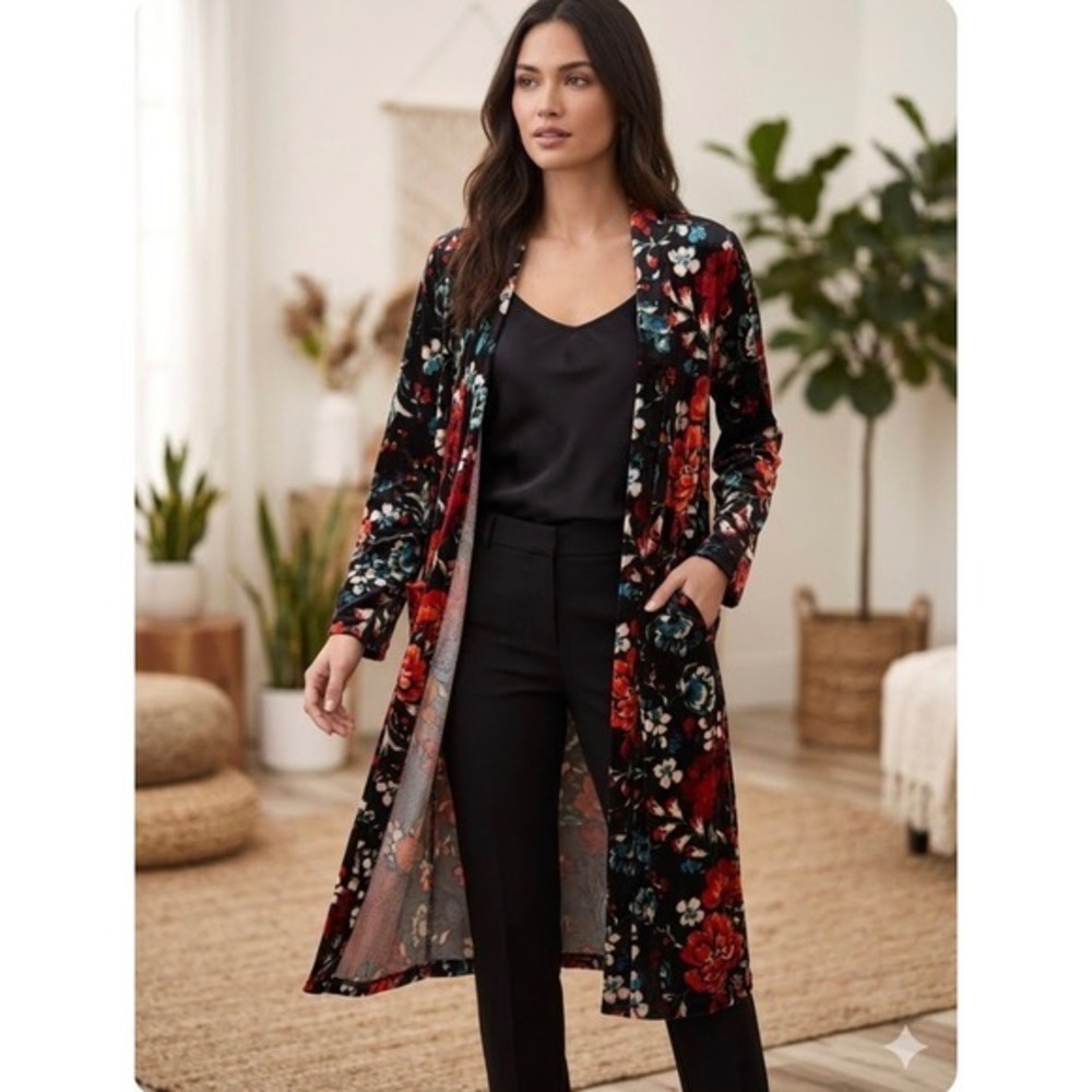 ONE CLOTHING Open Front Velvet Floral Kimono Longline Cardigan L Boho Whimsigoth